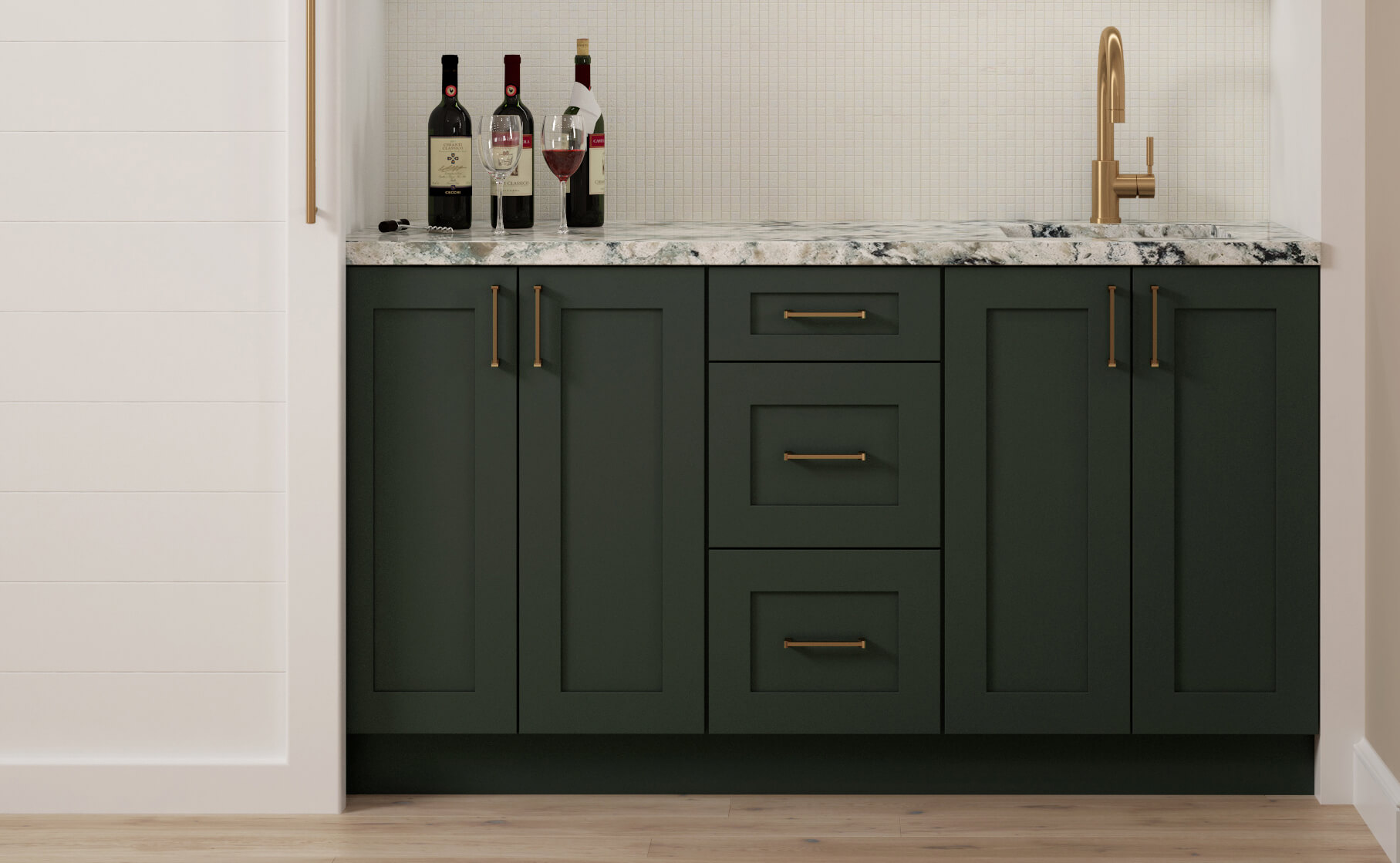 A row of base cabinets that use all 5-piece drawer fronts shown in a dark green painted finish.