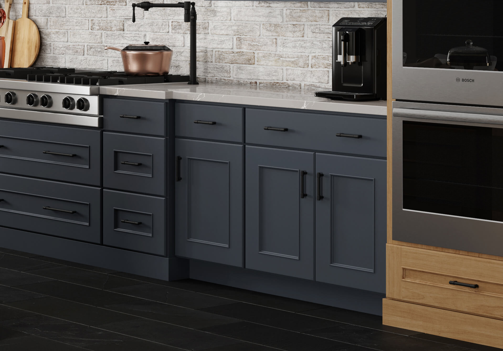 Mixing Slab and 5-Piece Drawer Fronts in a Kitchen or Bath Design