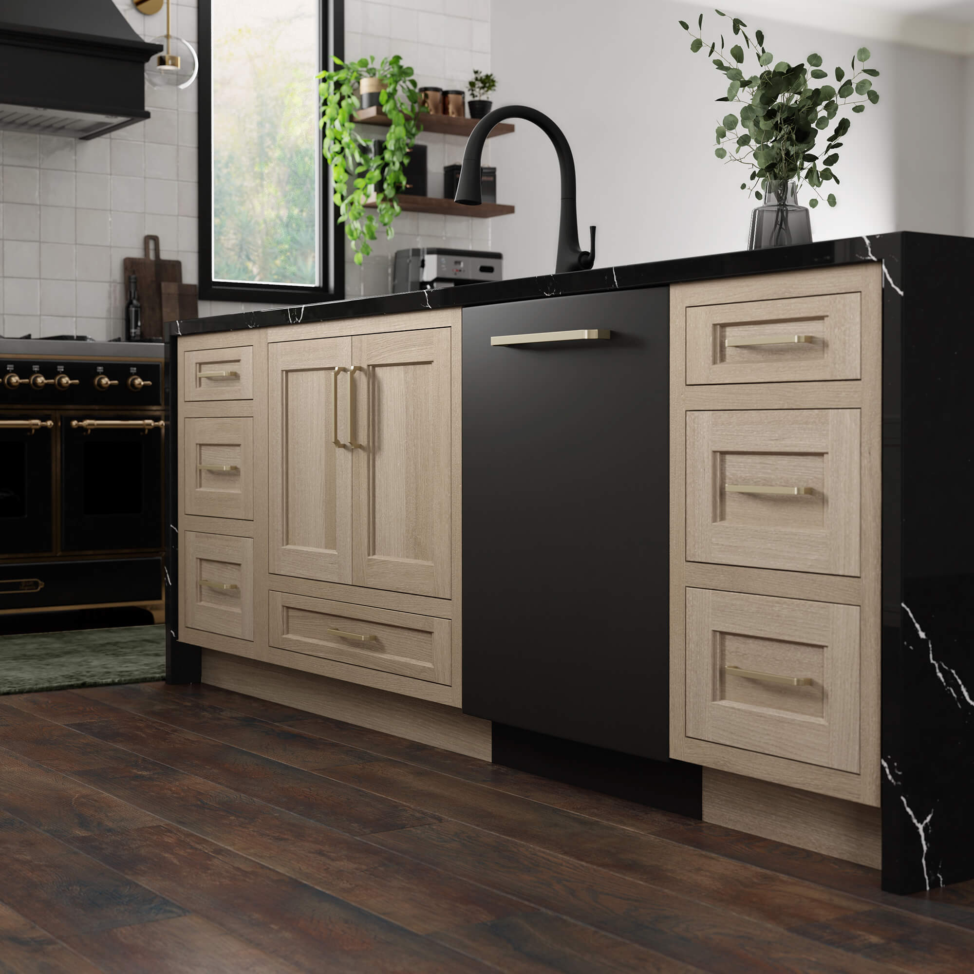 A black finished dishwasher on a kitchen island.