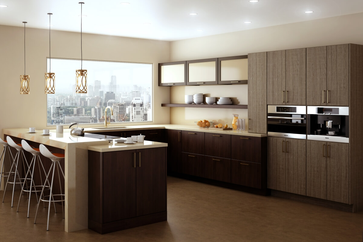 This luxurious, lofty kitchen features a back-painted glass backsplash in a beige color that coordinates with the warm beige countertops. The frameless cabinets from have a dark stain color.