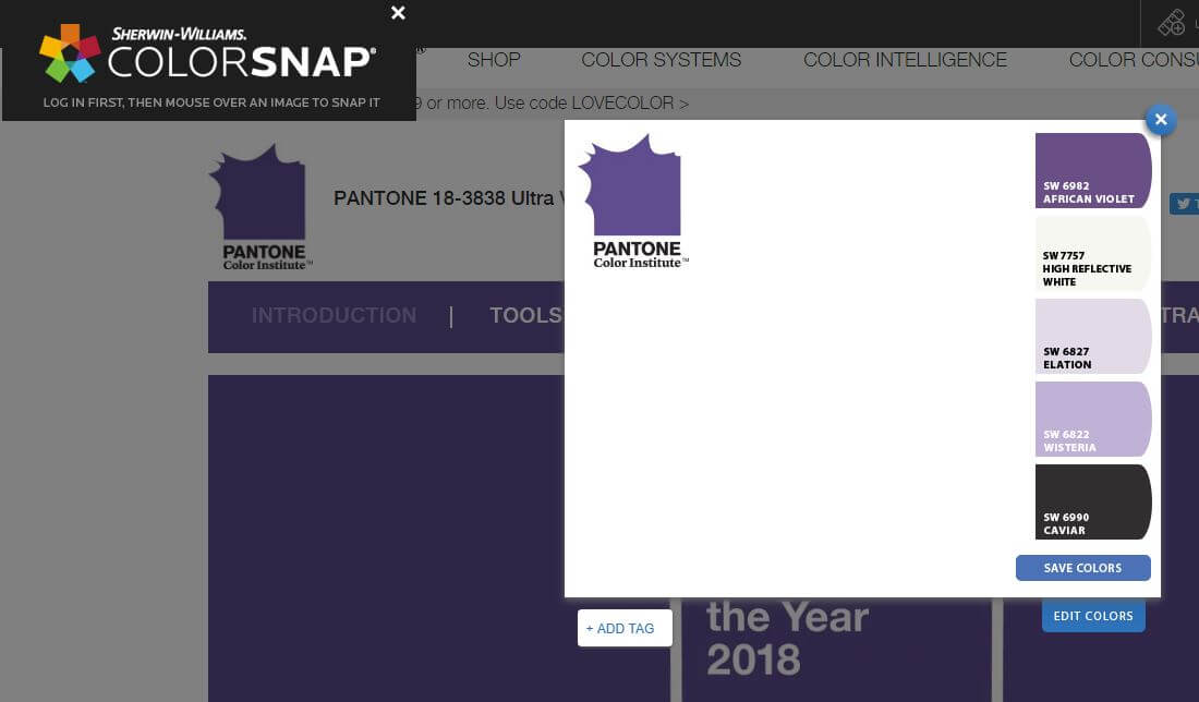 You can see here, the Snap It Button tool suggests Sherwin-Williams African Violet as the best paint match to Pantone's Ultra Violet hue.