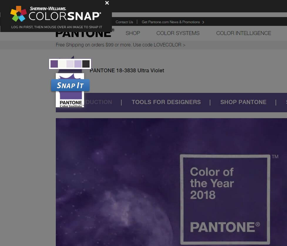 Here's an example of Sherwin-Williams Snap It Button in action sampling the Ultra Violet Pantone color from Pantone's website.