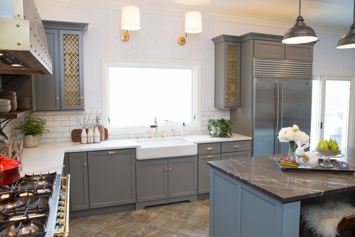 Dura Supreme Cabinetry featuring the Kendall Panel door style in a  gray Personal Paint Match finish.