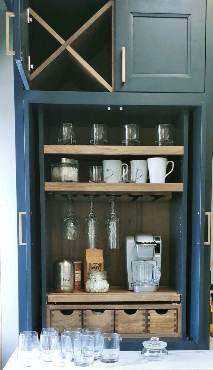 Countertop Bar with Pocket Doors, Dura Supreme Dempsey Door Style in Sherwin Williams Gale Force finish