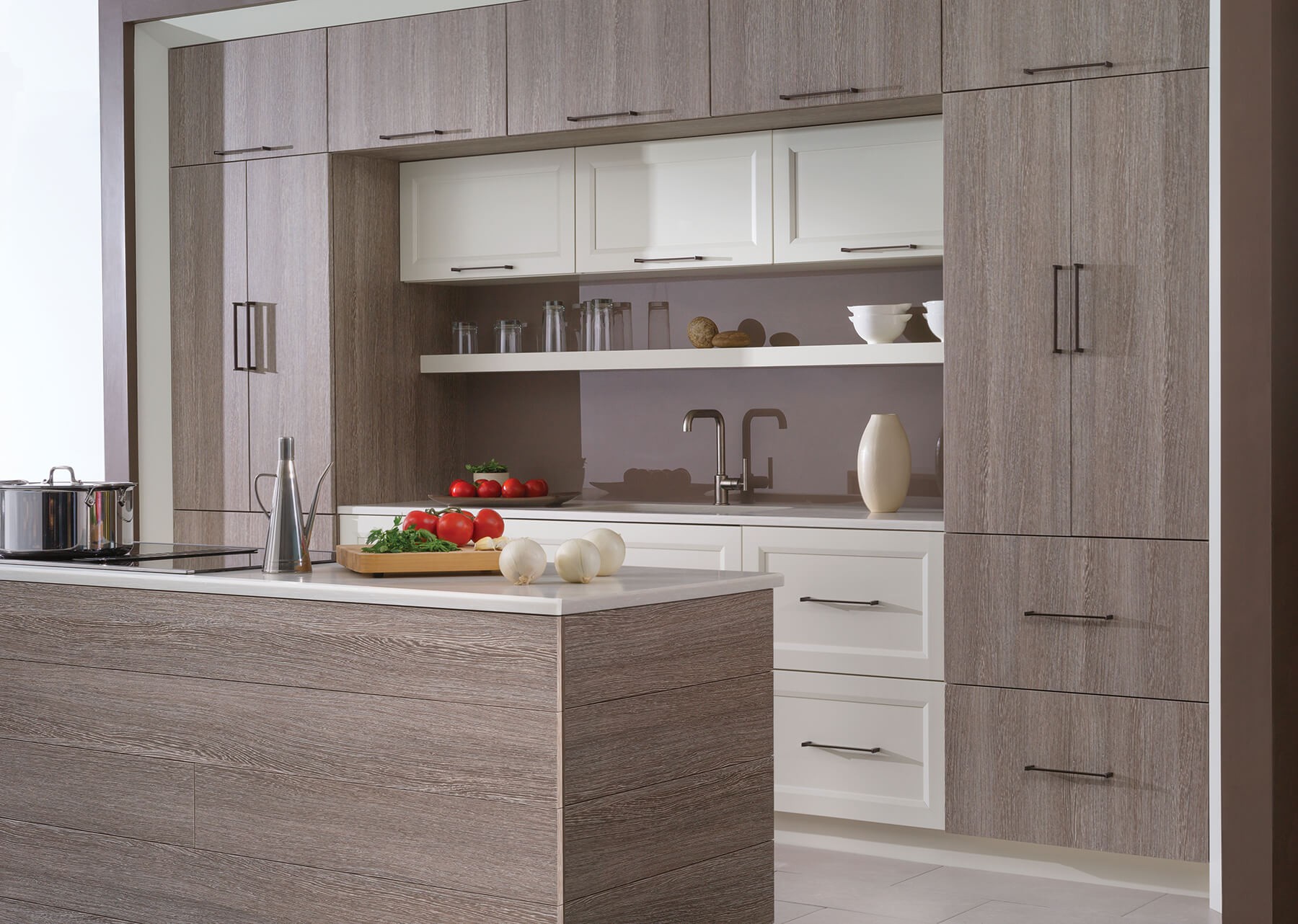 A modern textured kitchen design with a shiplap detail wrapping the kitchen island.