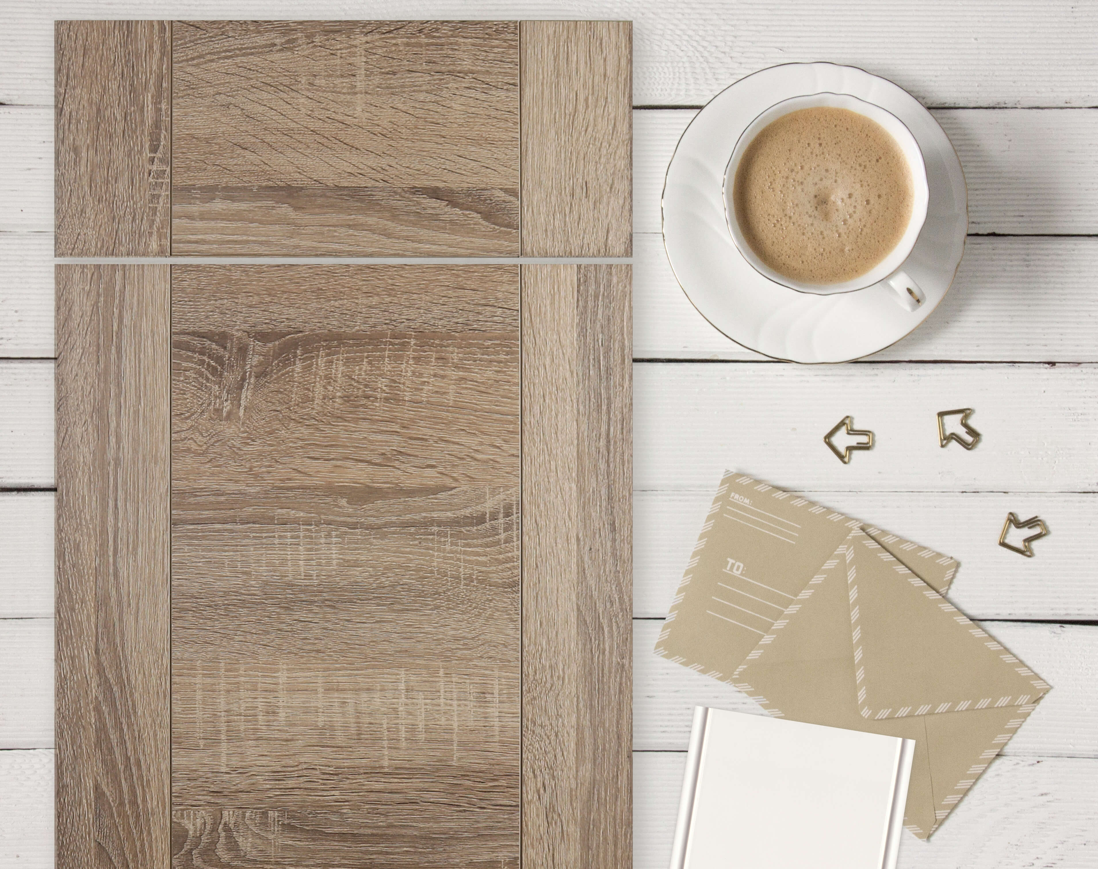 A 3 panel slab door style with a textured, rustic lodge oak material paired with a white paint sample.