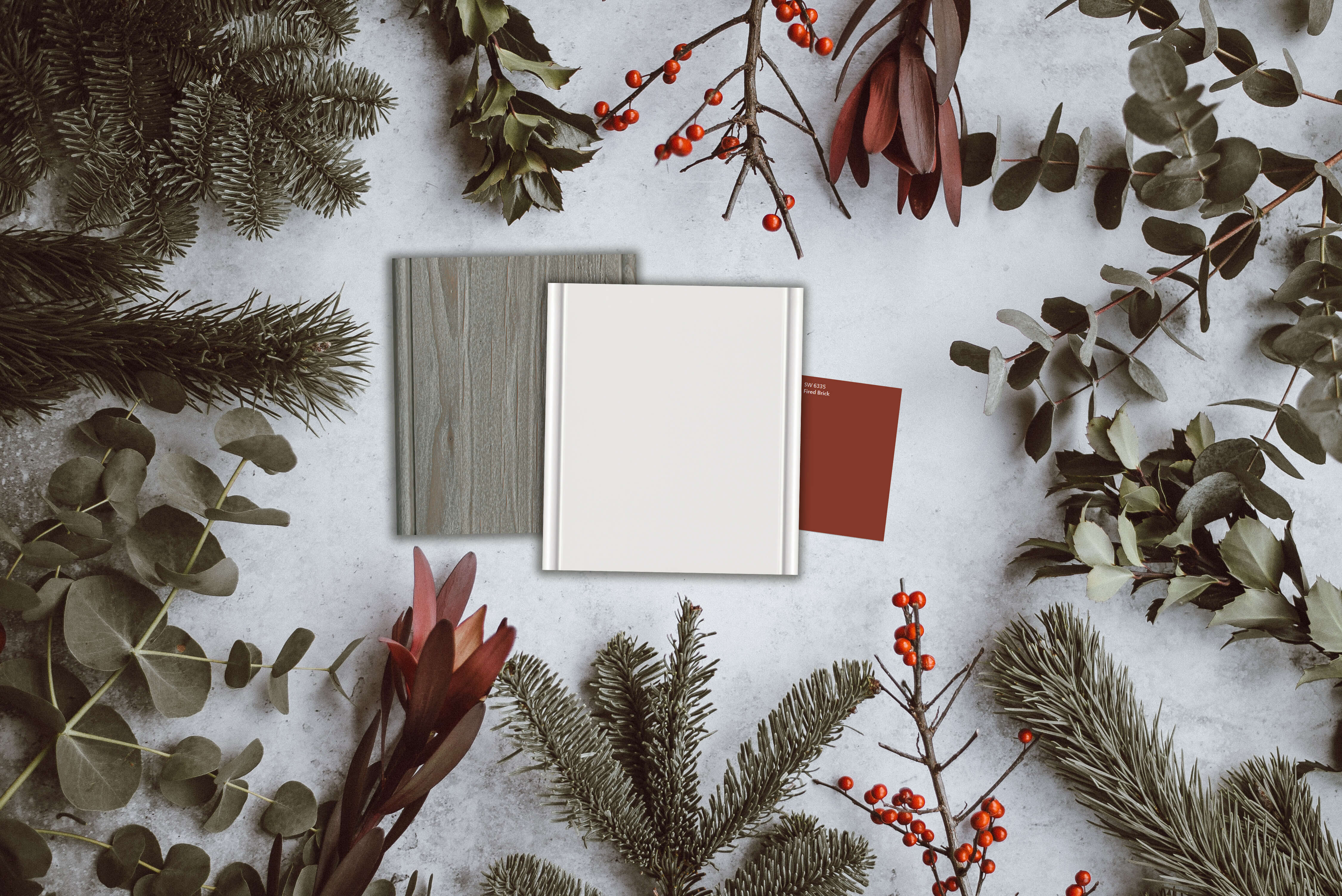 This mood board features Dura Supreme Cabinetry's Weathered