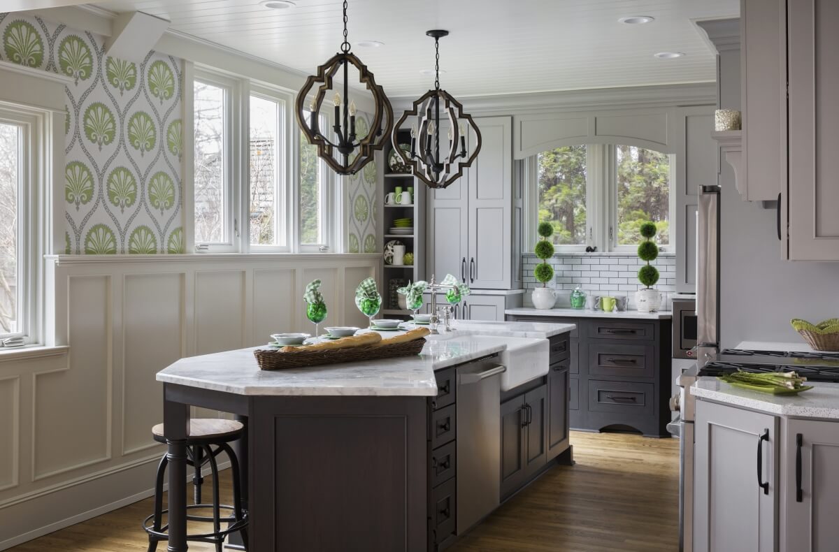 Angled Kitchen Island. Dura Supreme Cabinetry design by Gwen Adair of Cabinet Supreme by Adair. Photo by Ryan Hainey.