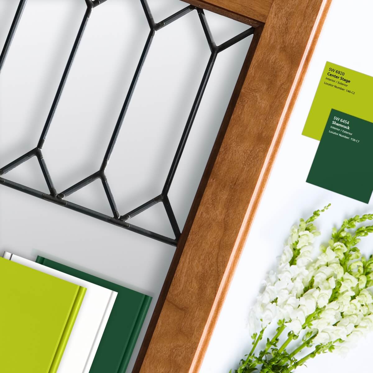 Dura Supreme Cabinetry Mood Board featuring the Leaded Glass Door #52 and paint samples in
