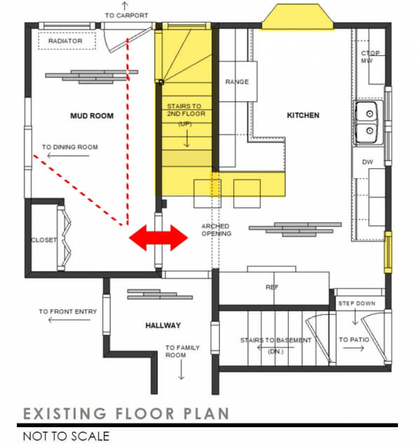 The existing floor plan highlighting the staircase and window that was removed to create the new floor plan.