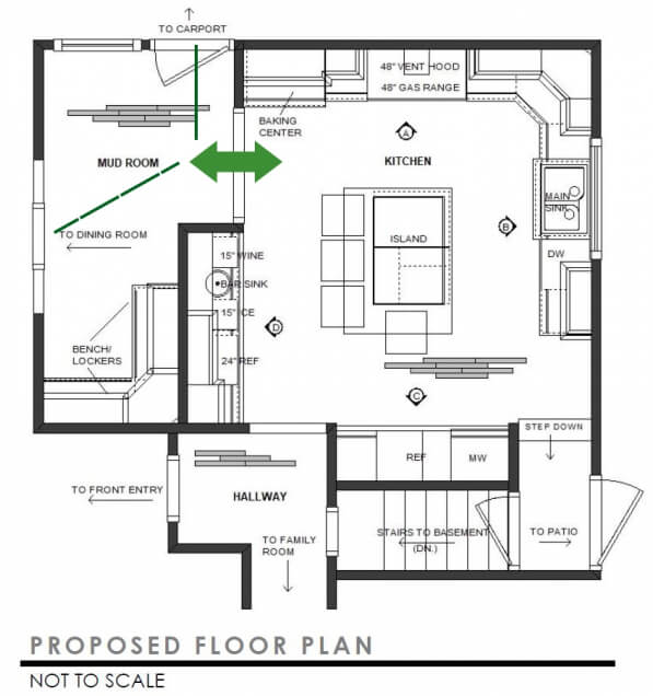 The new floor plan with the new walkway to the mud room and additional kitchen space.