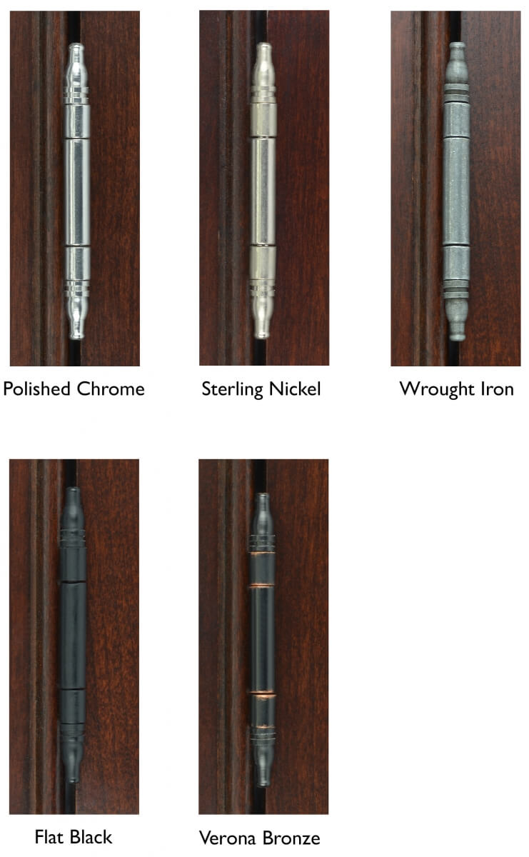 Dura Supreme Cabinetry's decorative barrel hinge finish options.