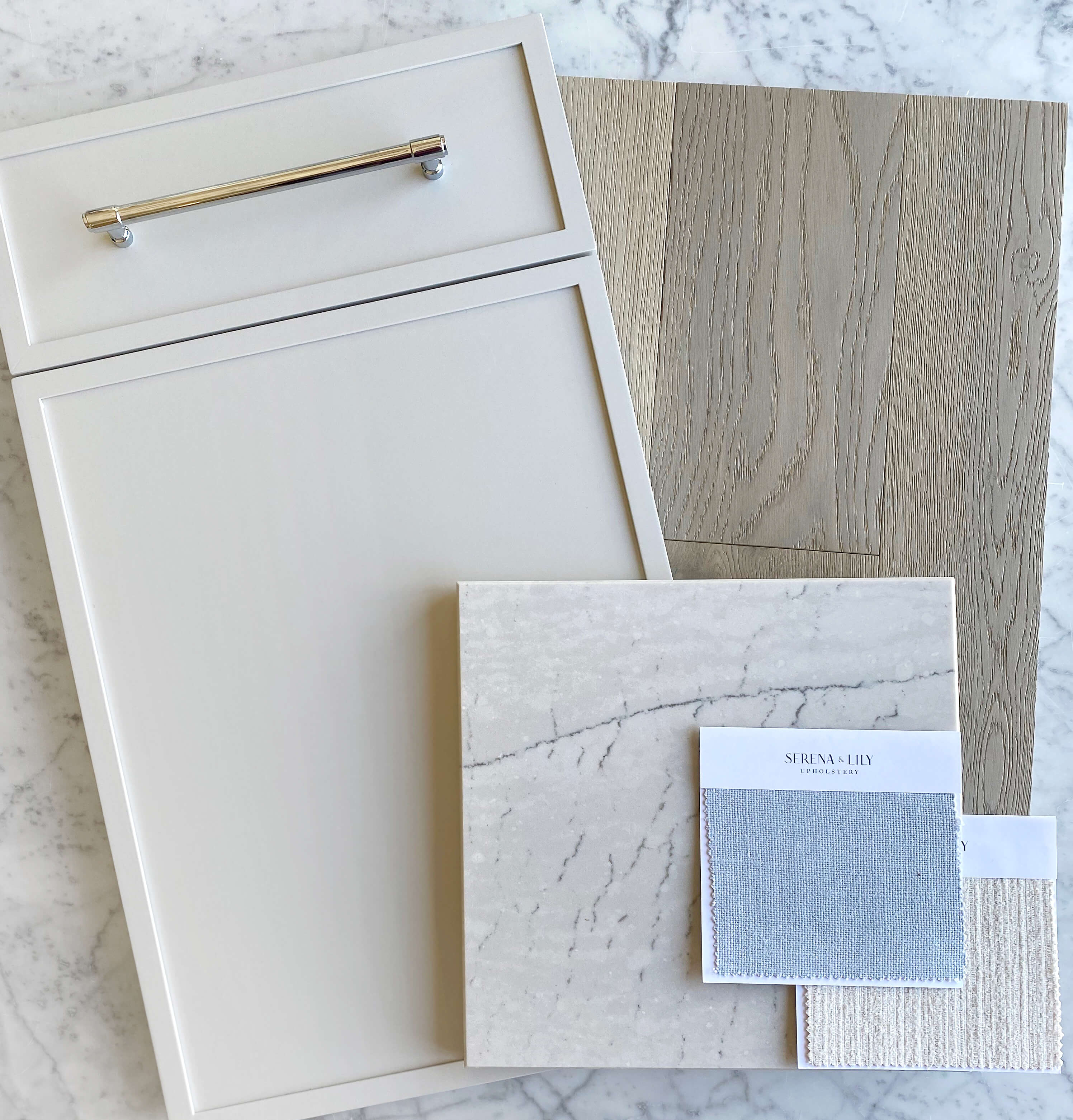 This mood board features Dura Supreme's Reese door style in Pearl paint.