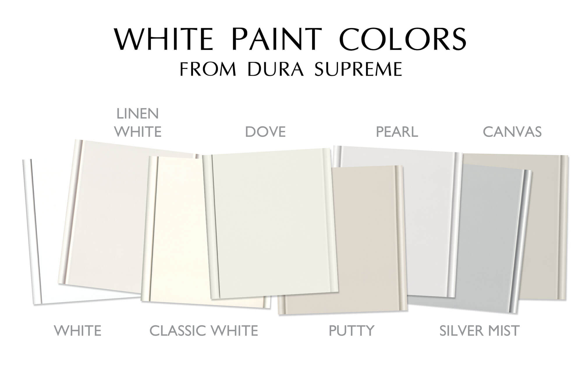 White Paint Finish Colors for Kitchen Cabinets from Dura Supreme Cabinetry. White, Linen White, Classic White, Dove, Putty, Pearl, Silver Mist, and Canvas.