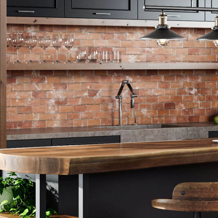 Industrial style kitchen cabinets with a black painted finish and accents in a wood with a warm stain. Open shelves and black metal fixtures add to the style.
