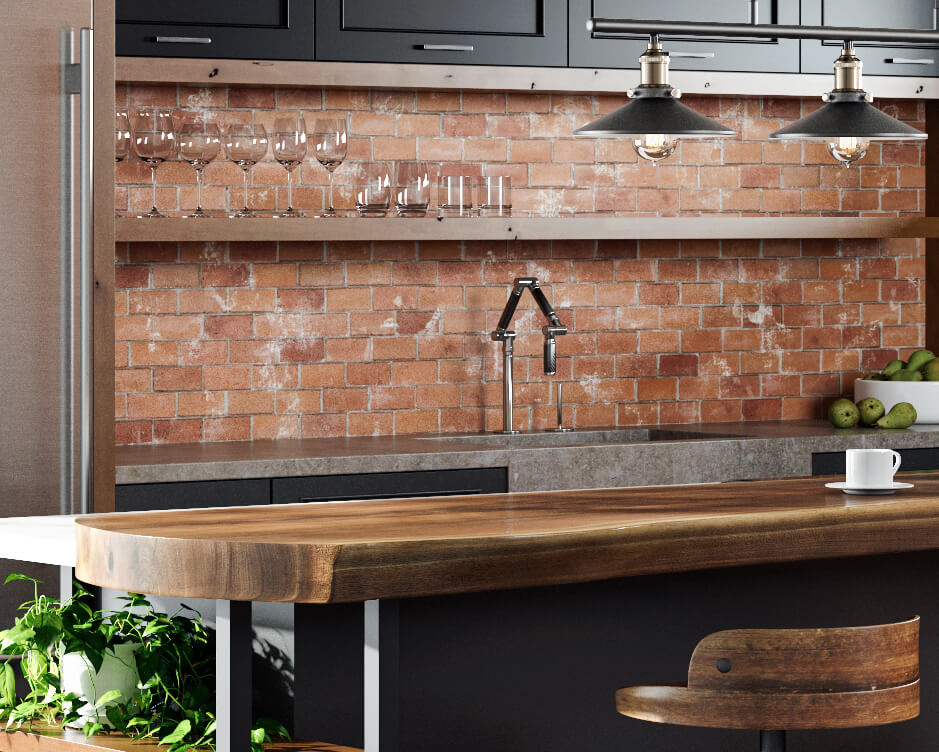 Industrial style kitchen cabinets with a black painted finish and accents in a wood with a warm stain. Open shelves and black metal fixtures add to the style.