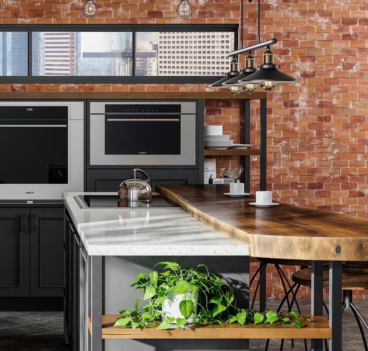 An Industrial style kitchen design in an urban loft with exposed brick walls and ductwork. The modern and rustic cabinets use a black painted finish and accents in a wood with a warm stain. Open shelves and black metal fixtures add to the style.