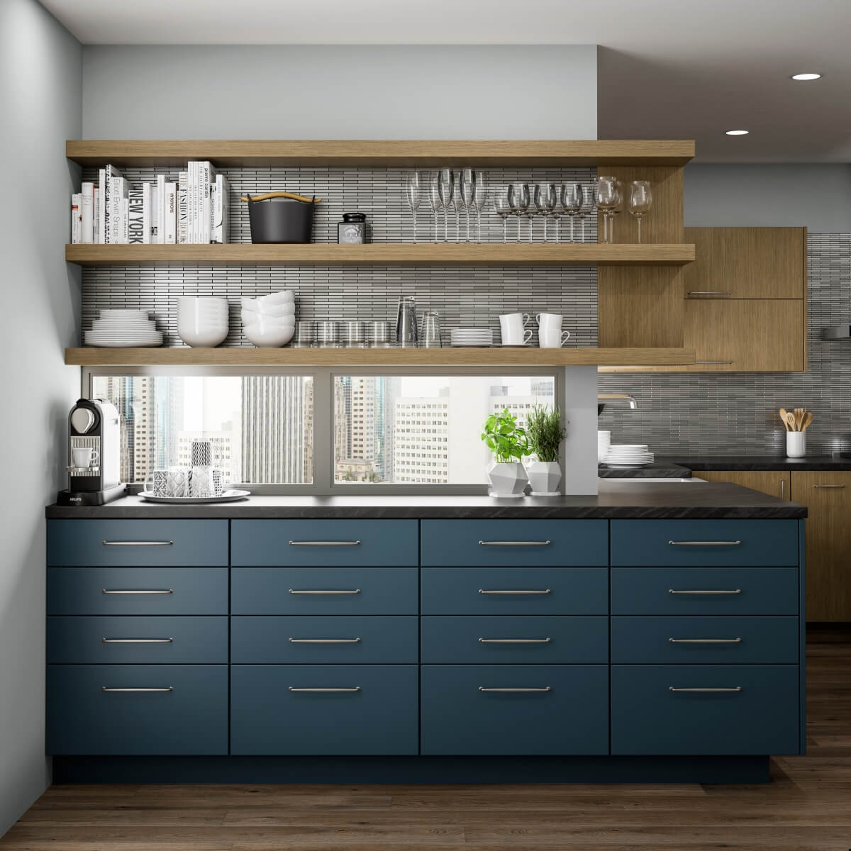 A trendy city condo kitchen with an urban skyline view with navy blue matte cabinets and drawers for the lower cabinets and straight grain white oak floating shelves instead of upper cabinets. A window backsplash helps capture the beautiful views of the city while also bringing extra natural light into the space.