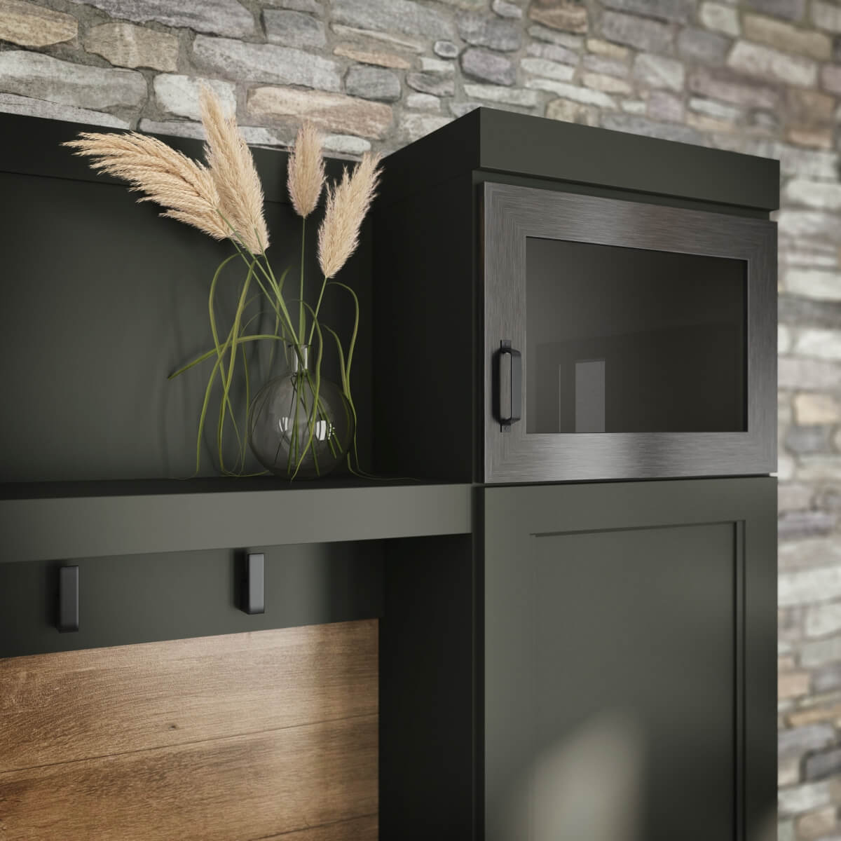 Entryway with mudroom lockers and dark green painted cabinetry with a metal accent cabinet door and wood plank details. Dura Supreme Cabinetry with a trendy painted finish, Rock Bottom green.