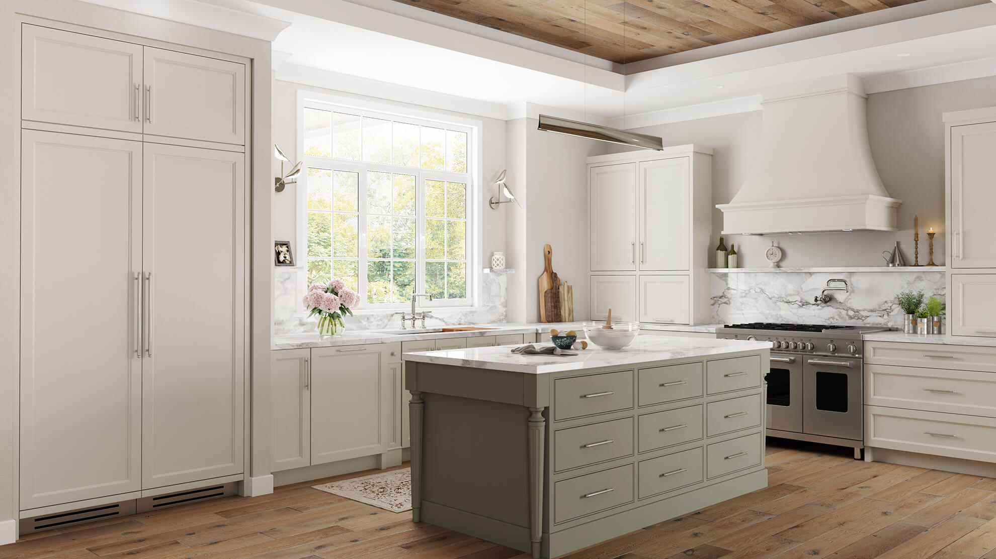 A modern English style kitchen with a large French door paneled refrigerator that is beautifully encased with millwork and molding.