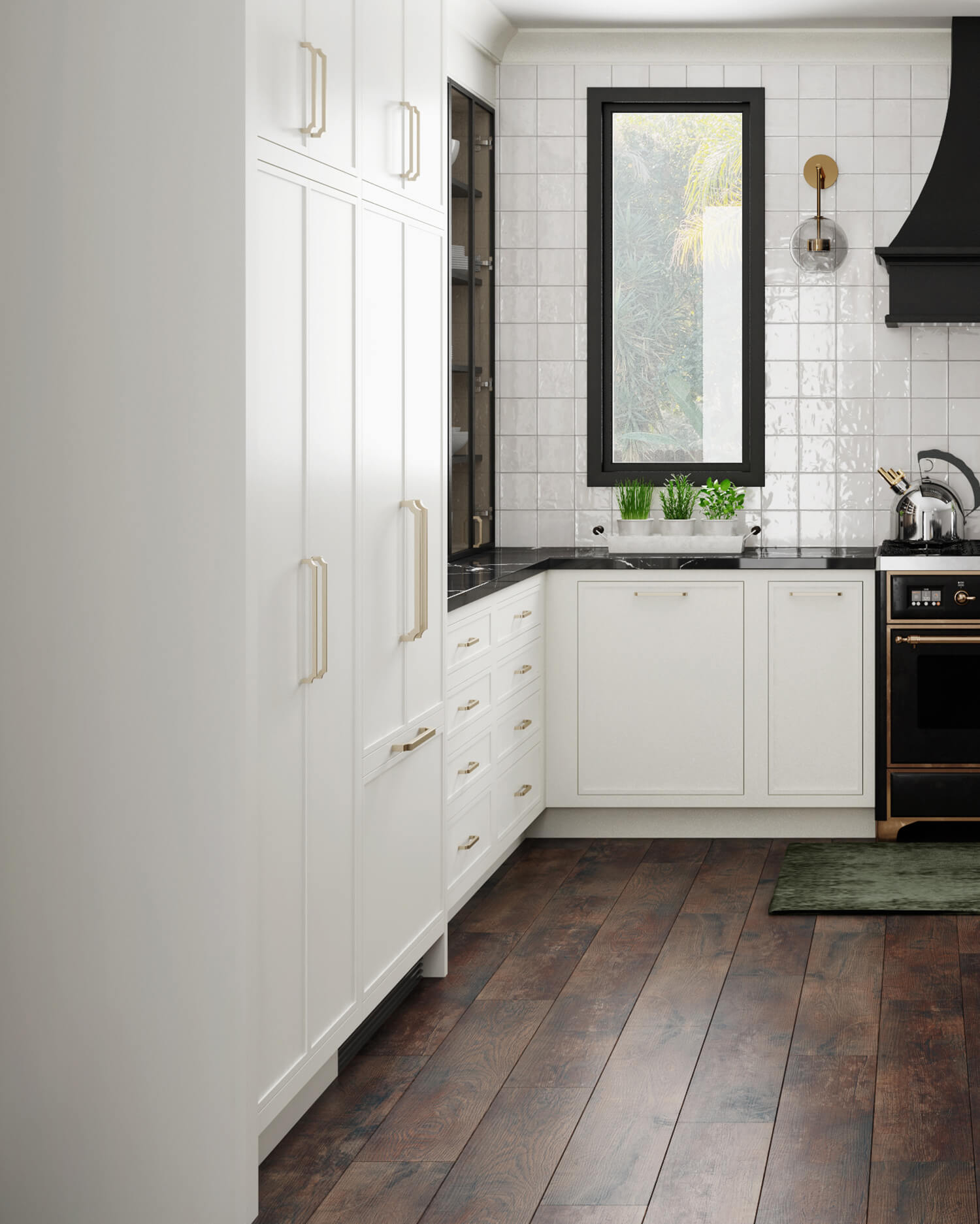 A great example of a counter-depth paneled refrigerator appliance, that fits seamlessly with the surrounding cabinets.