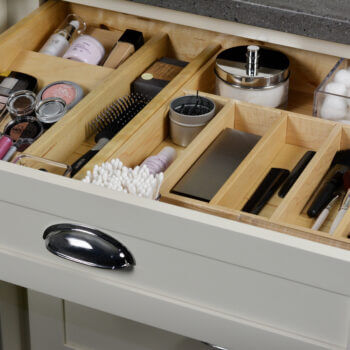 Cabinet storage options from Dura Supreme Cabinetry for bathroom drawers. Cutlery Divider Tray, Spice Rack, and Partitions (For Other Rooms).
