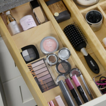 An organized bathroom drawer for cosmetics and beauty supplies. A Drawer Spice Rack doesn’t have to be just for your spice collection! Many of our drawer storage solutions can be creatively used for multiple applications throughout the home including home offices, craft rooms, bathrooms, laundry rooms, entertainment centers, etc.