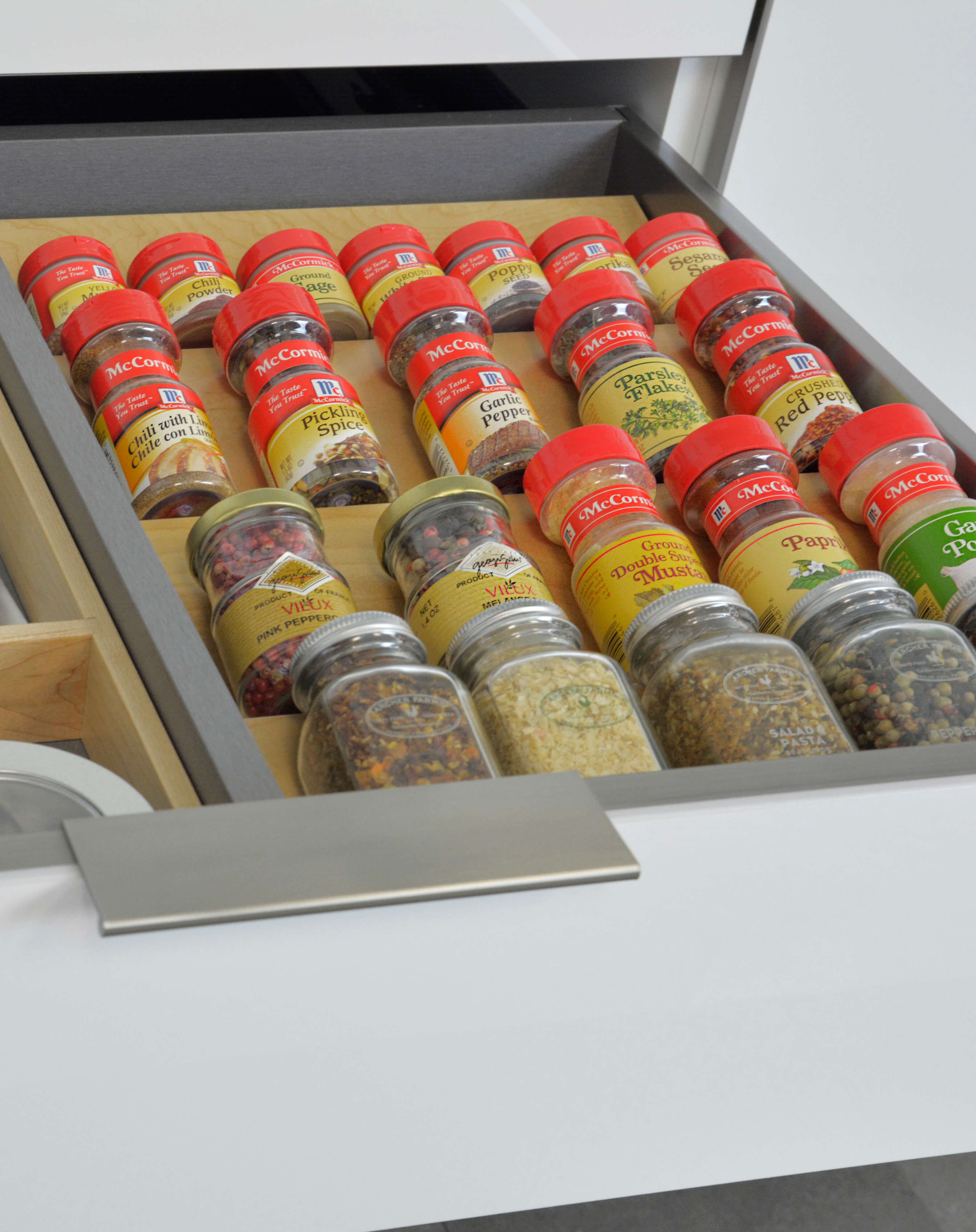 Drawer Spice Rack in a Stainless Steel Drawer