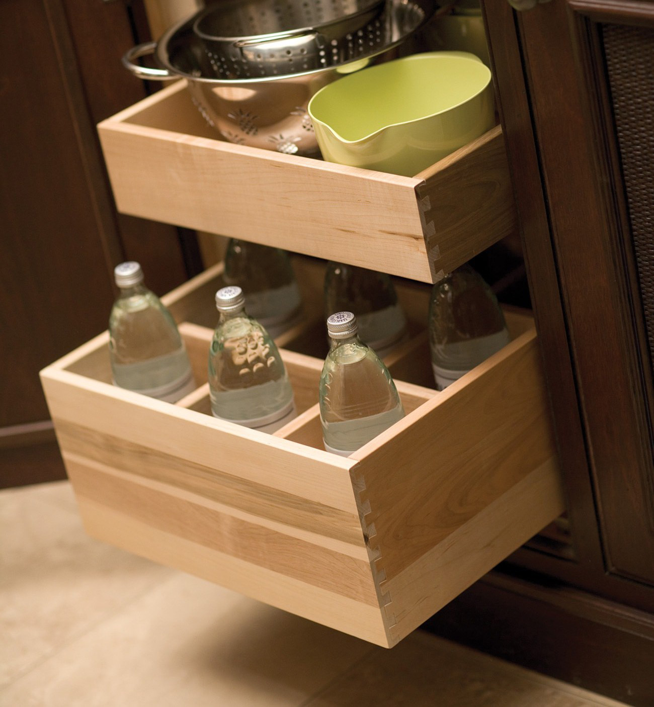 A roll-out bottle rack shelf for beverage center, pantry, or wet bar.