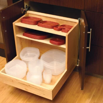 Neatly store your plastic storage containers and lids in this convenient roll-out accessory from Dura Supreme Cabinetry.
