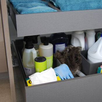 A Stainless Steel Roll-Out Shelf is a fantastic solution for storing your cleaning supplies. Select one for easy, accessible storage under a sink, or select multiple roll-out shelves if you have a full cabinet dedicated to your cleaning supplies. Coordinating gray metal accessories can be used to help you customize and organize the storage on each shelf.