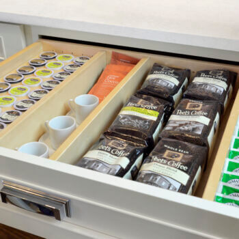 Create a beverage center for coffee, tea, and k-cup with Dura Supreme's Drawer K-Cup Organizer with Drawer Partitions for kitchen cabinets.