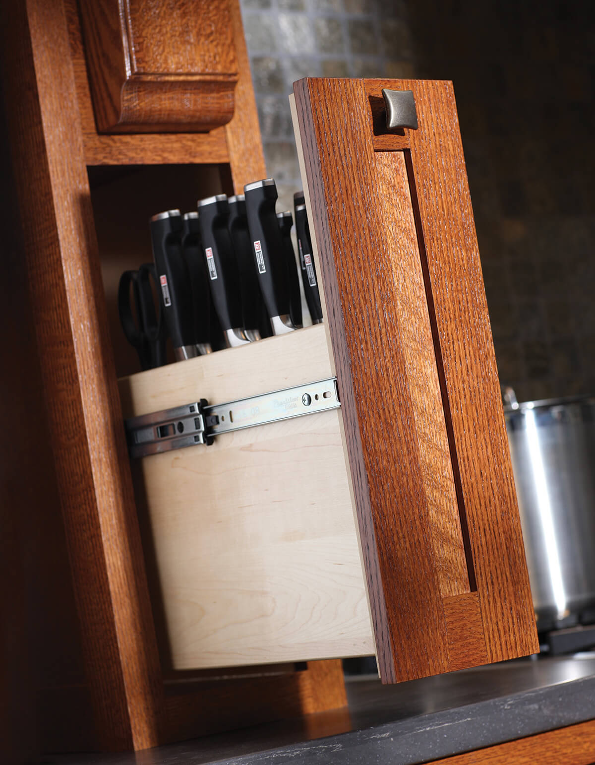 Pull-Out Cutlery Block in Wood Hood with Tower or Pillar