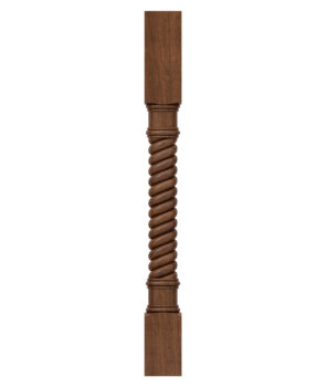 A twisted rope turned post from Dura Supreme Cabinetry with a spiral of carved wood at the center of the furniture leg and a squared top and bottom.
