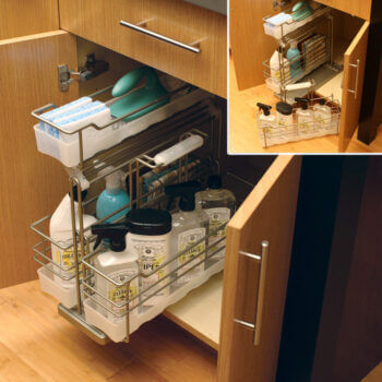 Organize cleaning supplies and other kitchen or bath necessities in a Dura Supreme convenient roll-out Sink Base Pull-Out Caddy with a detachable, portable basket. This cabinet storage solution works great in any cabinet, by the sink, in the bathroom, etc.