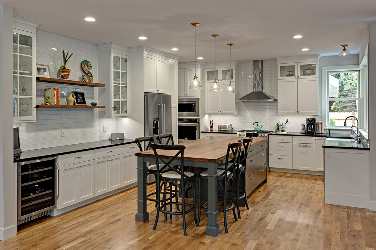 Gray kitchen shop island with seating