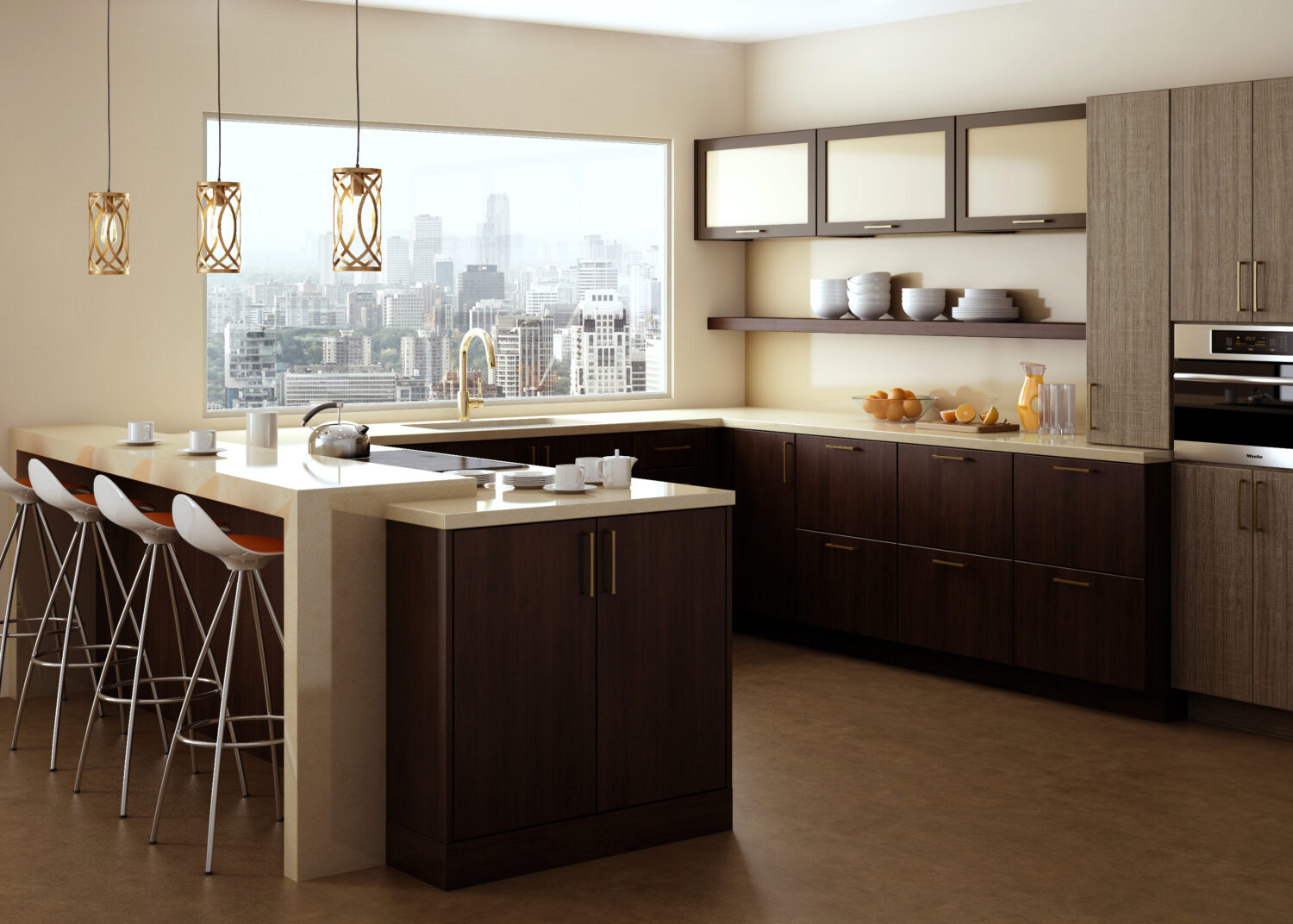 A city loft apartment with a stunning view and modern cabinets in a sleek and contemporary kitchen design. Featuring Dura Supreme frameless cabinets.
