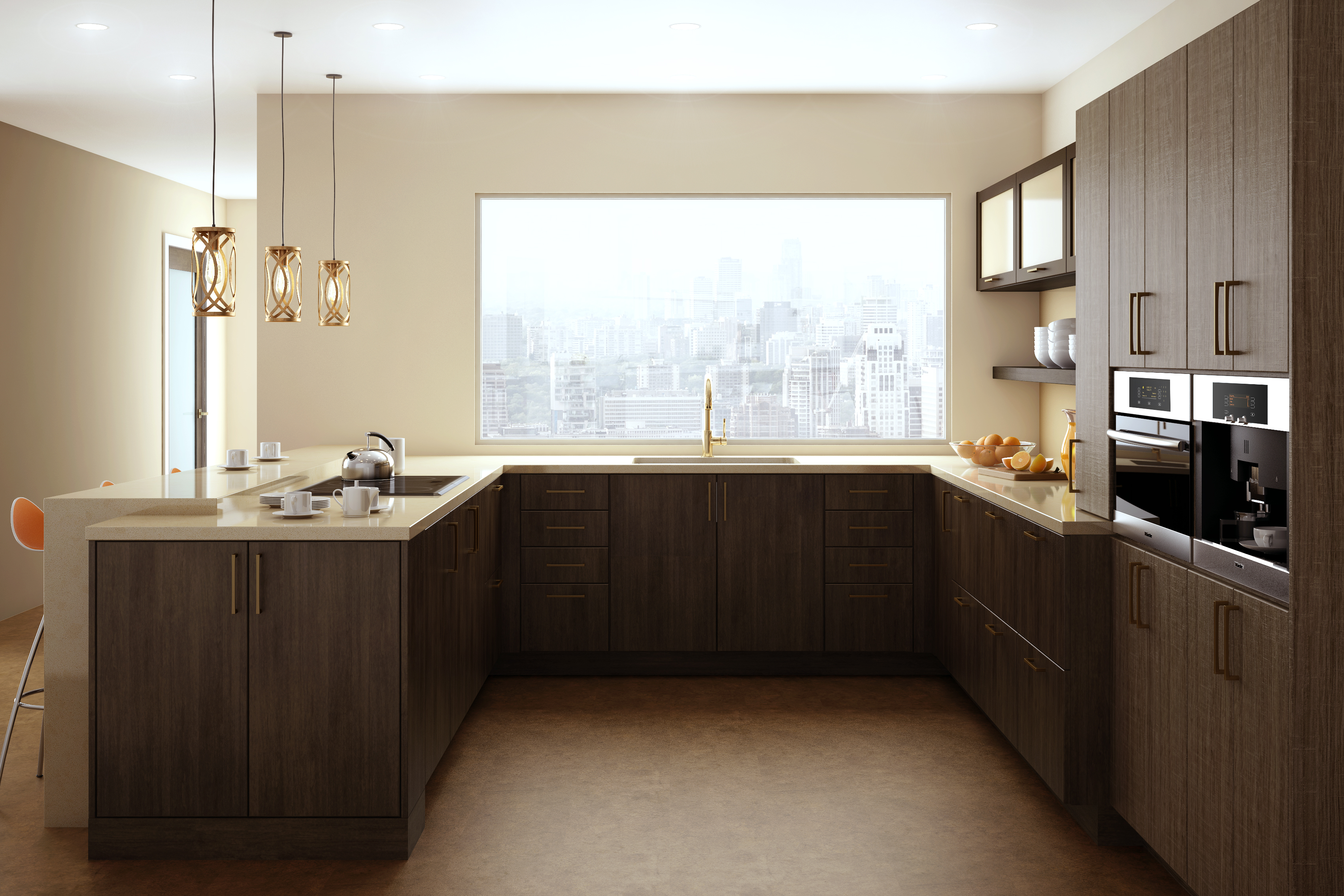 A city loft apartment with a stunning view and modern cabinets in a sleek and contemporary kitchen design. Featuring Dura Supreme frameless cabinets.