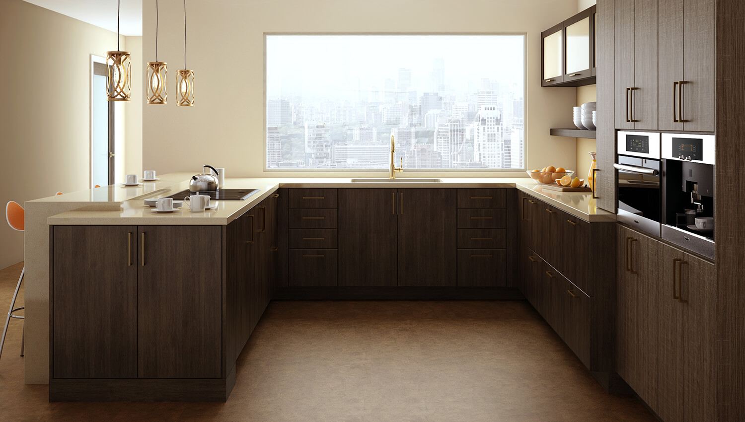 A city loft apartment with a stunning view and modern cabinets in a sleek and contemporary kitchen design. Featuring Dura Supreme frameless cabinets.