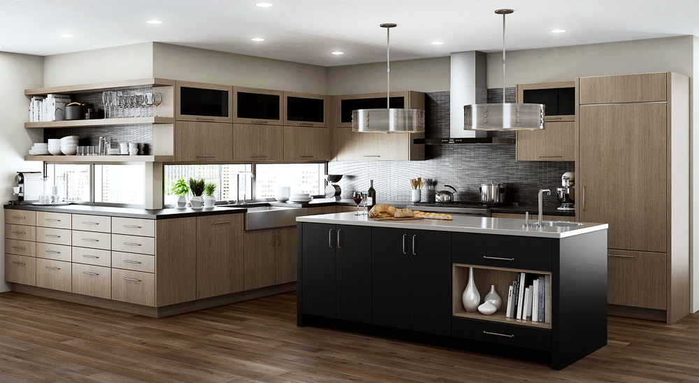 A contemporary kitchen in an urban condo with quarter-sawn oak cabinets and a black painted kitchen island with black backpainted glass cabinet doors as accents.