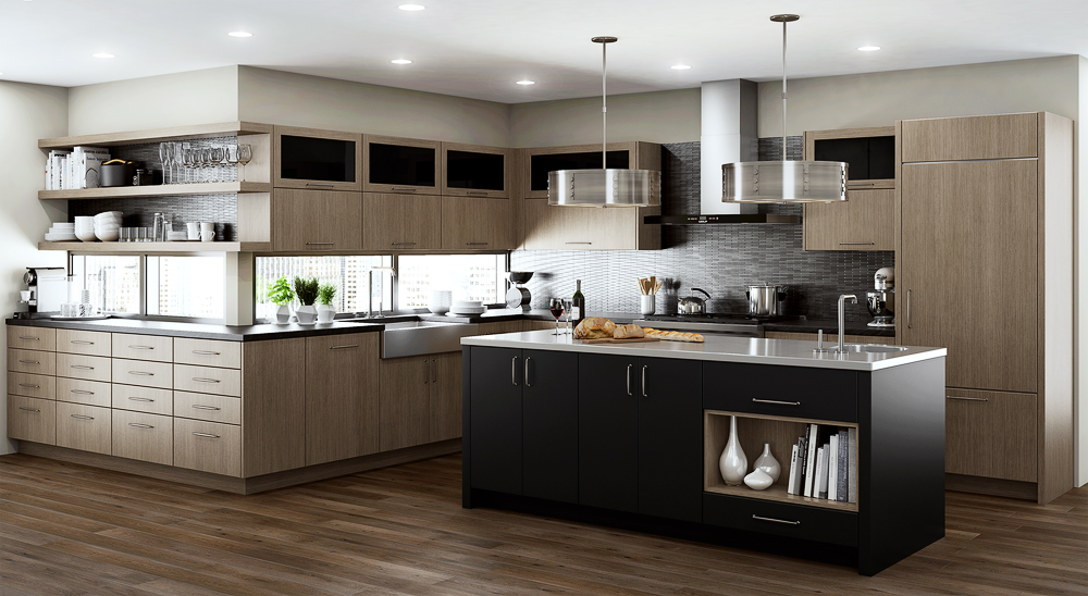 Oak and black discount kitchen cabinets