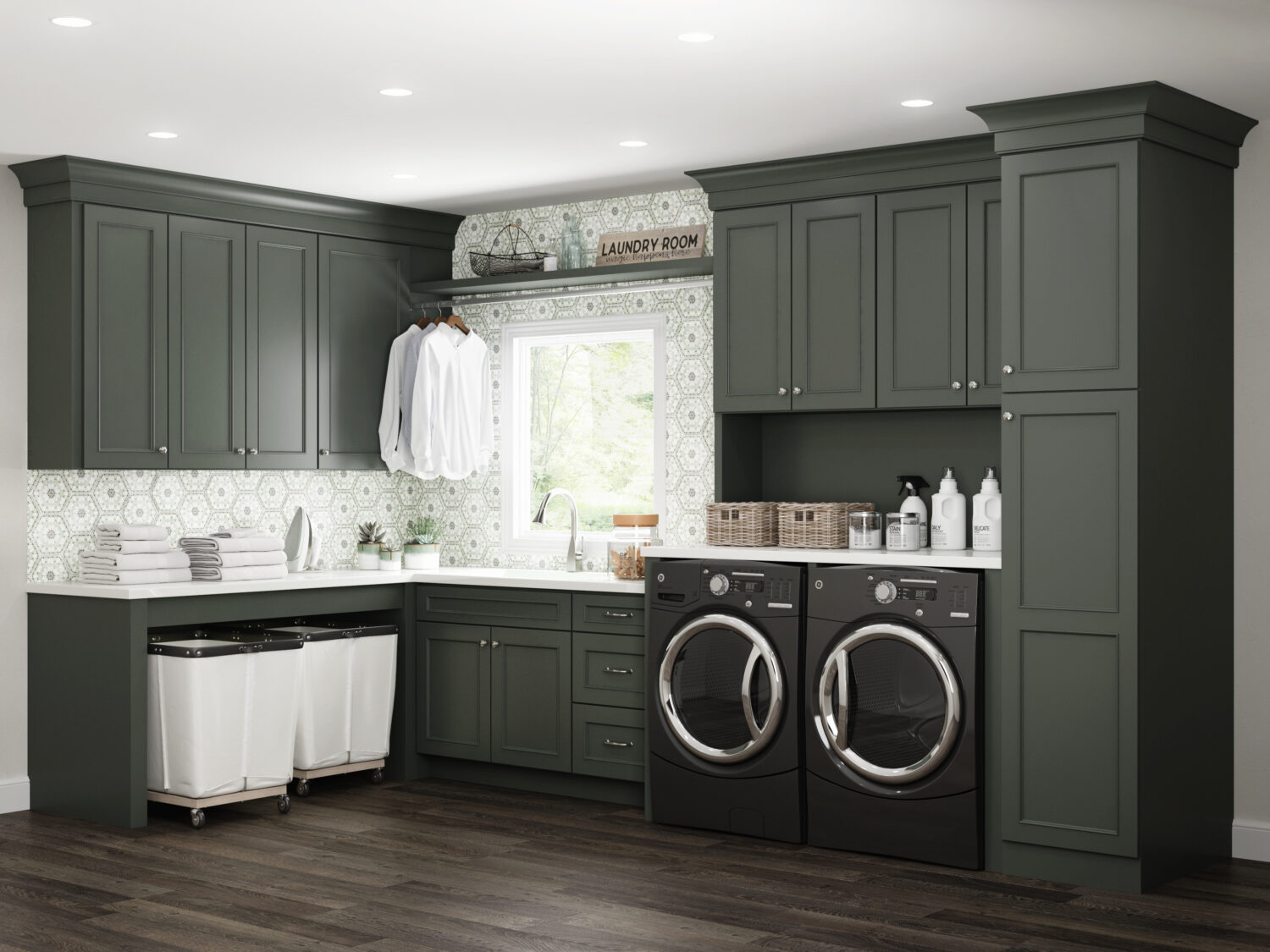 This fun and welcoming laundry room features Dura Supreme’s Marley door style (with an outside profile #6 modification) shown in a “Rock Bottom” SW7062 Personal Paint Match finish.