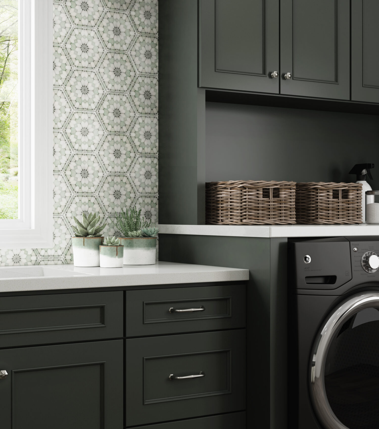 This fun and welcoming laundry room features Dura Supreme’s Marley door style (with an outside profile #6 modification) shown in a “Rock Bottom” SW7062 Personal Paint Match finish.