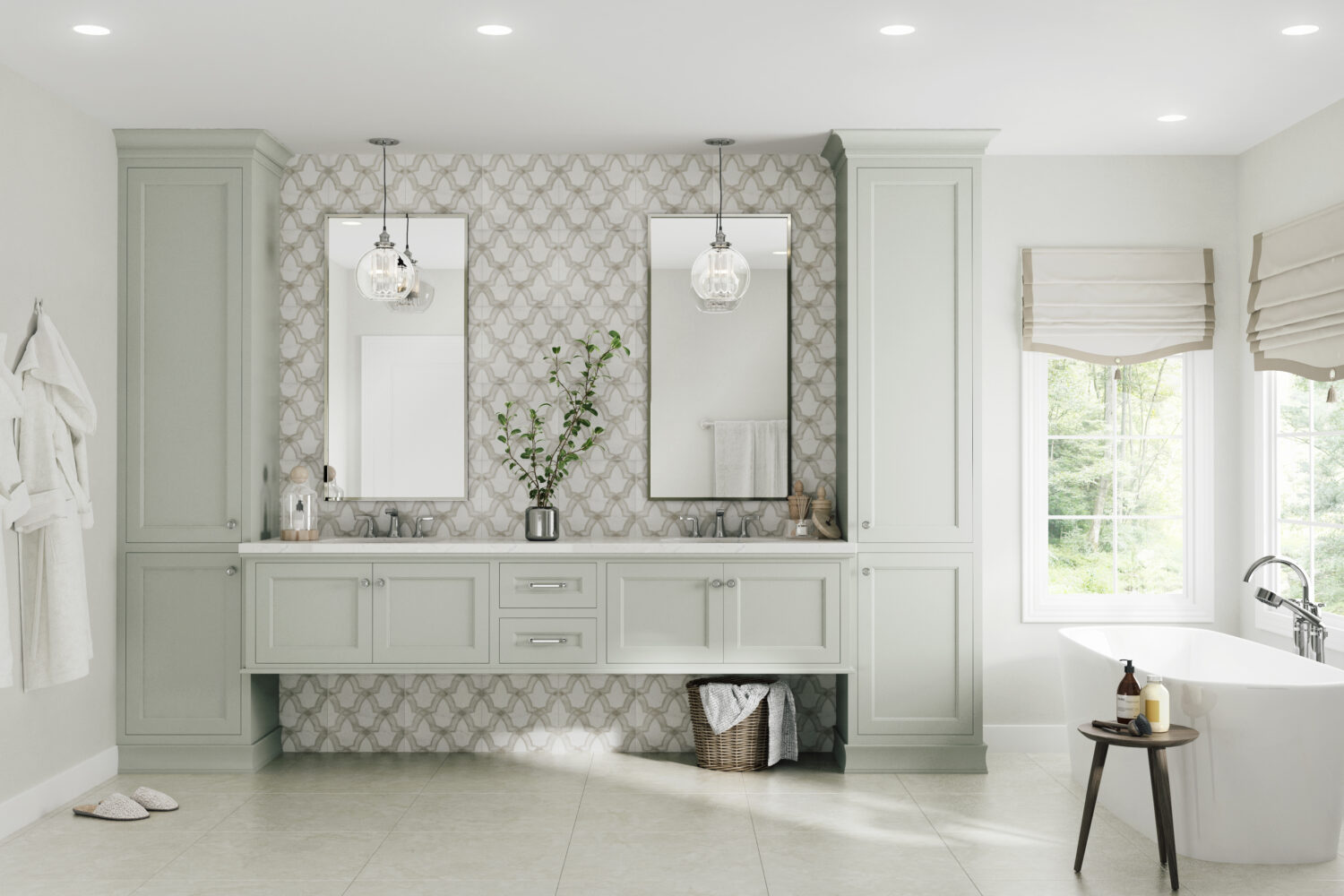 A transitional styled master bathroom desing with a floating vanity, two floor to ceiling linen cabinets capping off the end of both sides of the wall-hung vanity cabinets. The bath cabinets are shown in a beautiful light gray painted finish that is trendy and classic. Learn more about interior design styles and how to style kitchen and bath cabinetry to create a fresh look.