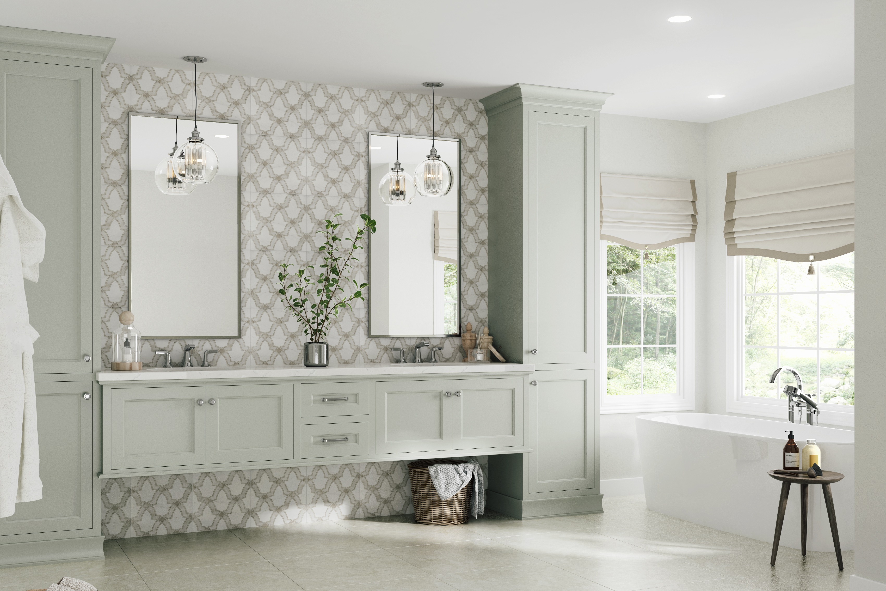 Dura Supreme vanity shown in the Meridien-Inset door style with a Personal Paint Match finish to “Silver Strand” (2019-2020 Curated Color) by Sherwin-Williams.