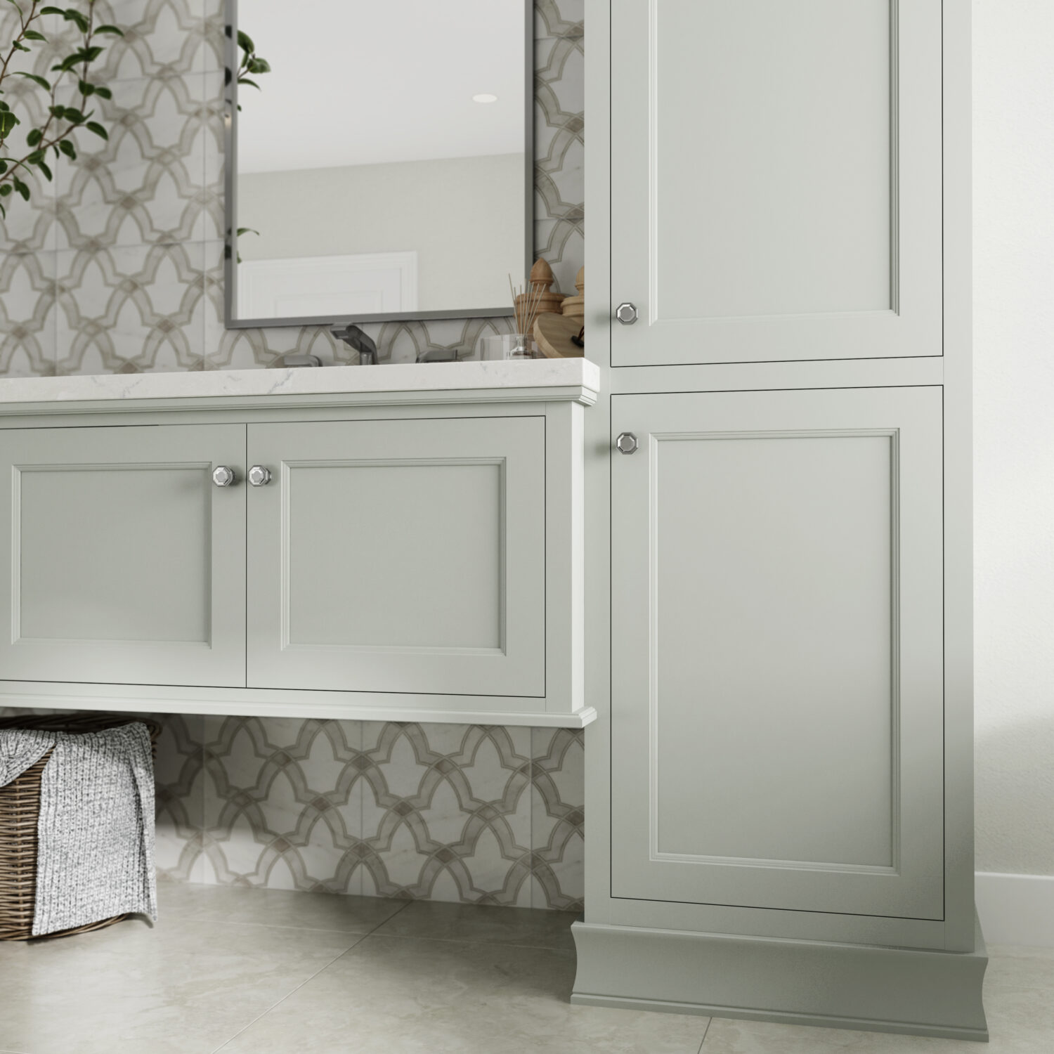 This master bathroom design uses a light gray finish that is almost white that perfectly coordinates with the tile the homeowner selected.