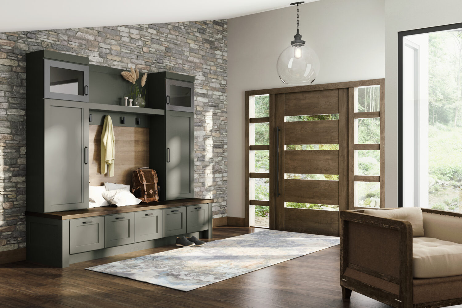 Entryway with mudroom lockers and dark green painted cabinetry with a metal accent cabinet door and wood plank details. Dura Supreme Cabinetry with a trendy painted finish, Rock Bottom green.