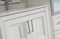 A close up angled shot of white painted bathroom cabinets.