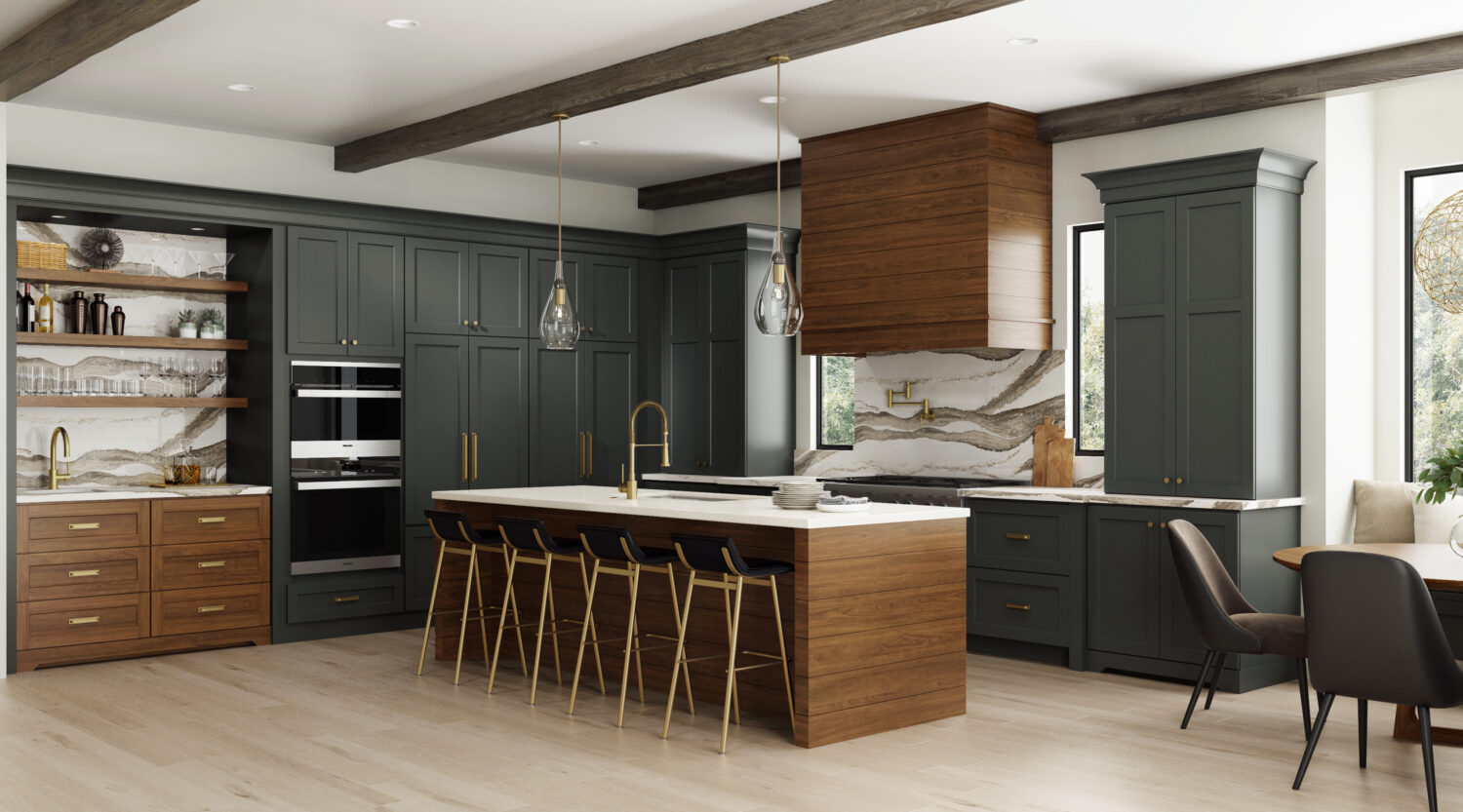 Dark green and rich stained wood kitchen with modern farmhouse style, shiplap wood hood, shiplap kitchen island end cap, and brassy hardware and fixtures.