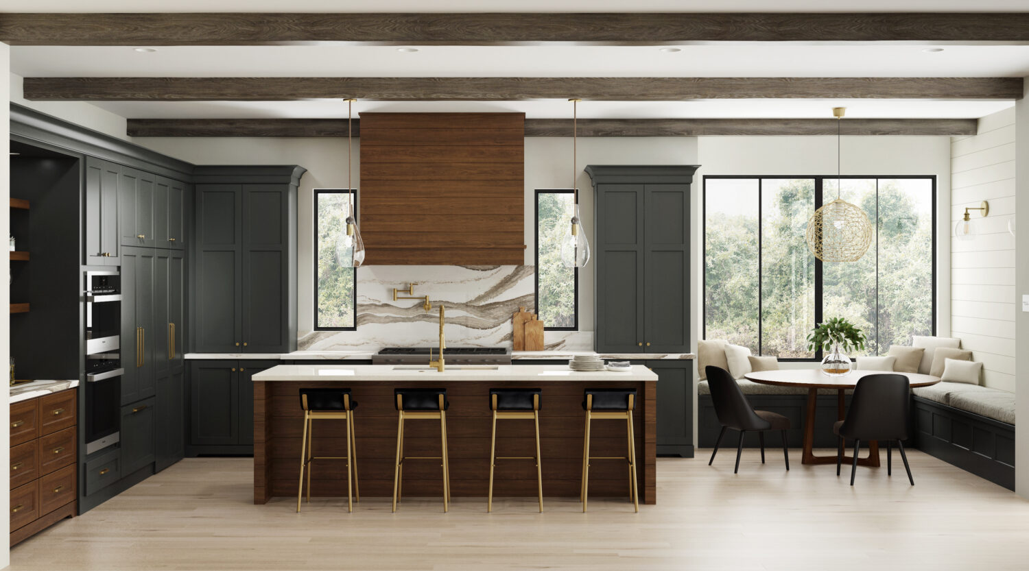 Dark gray-green and rich stained wood kitchen with modern farmhouse style, shiplap wood hood, shiplap kitchen island end cap, and brassy hardware and fixtures. Features floor-to-ceiling dark gray painted cabinets.